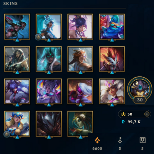 ⭐Lvl 30・🎯Ranked ready ・92k EB💠・15 skins 🔥 x2 skins Kindred・#EX006