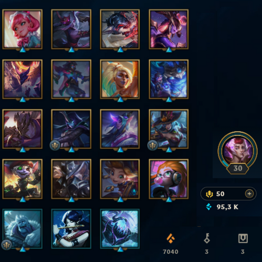 ⭐Lvl 30・🎯Ranked ready ・95k EB💠・19 skins 🔥 x3 skins Soraka | x2 skins Zoé・#EX008