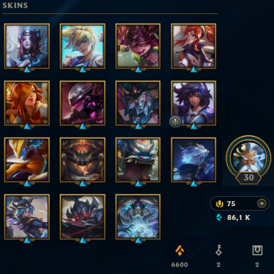 ⭐Lvl 30・🎯Ranked ready ・86k EB💠・16 skins 🔥 x2 skins Tahm Kench・#EX011