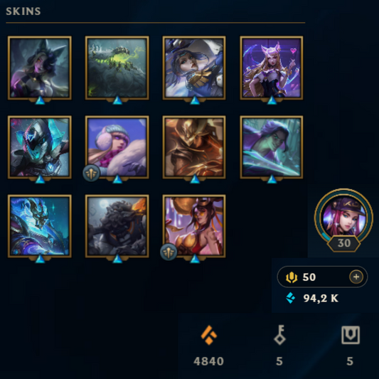 ⭐Lvl 30・🎯Ranked ready ・94k EB💠・11 skins 🔥 x2 skins Ahri & Talon・#EX014